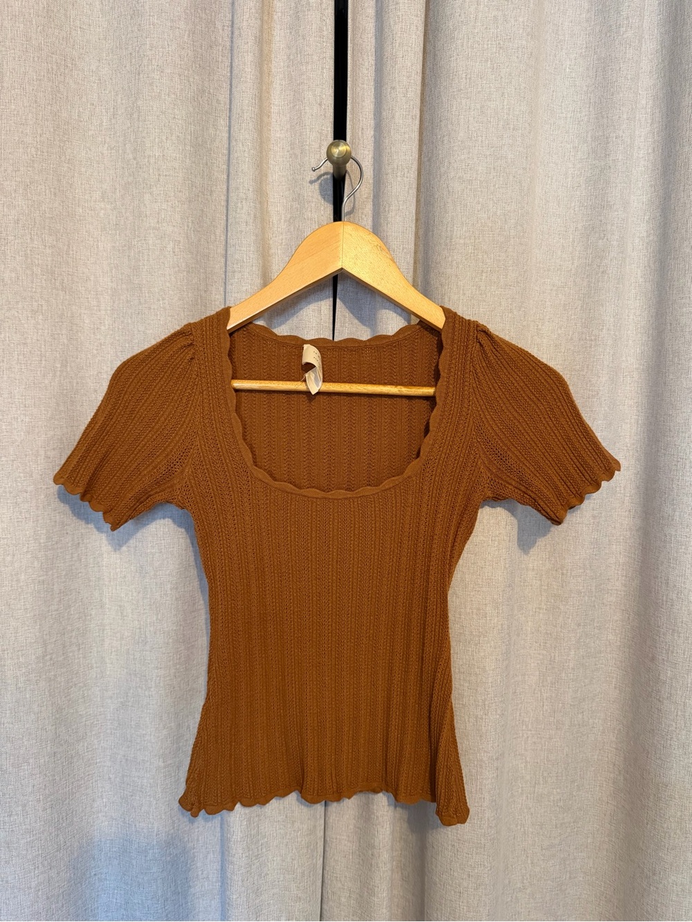Sezane Brown Ribbed Scoop Short Sleeve Top
